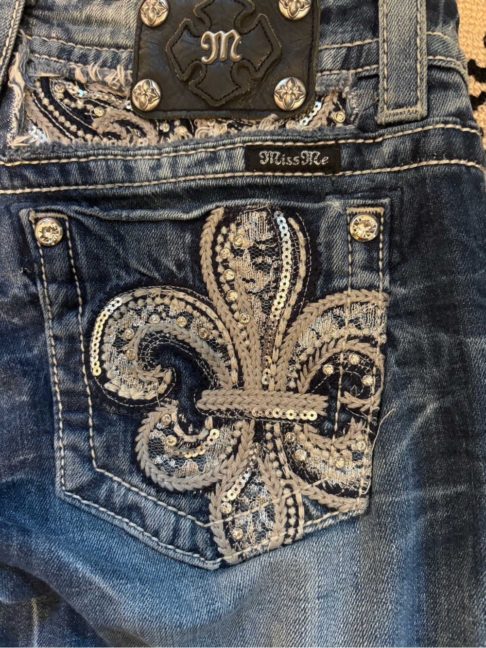 Miss Me Dark Blue Embellished Bootcut Jeans with Fleur-de-Lis